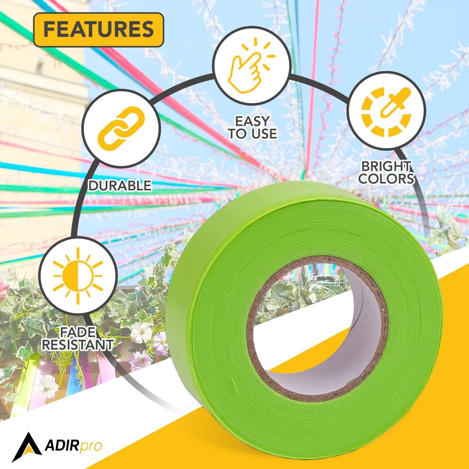 AdirPro 12 Pack Fluorescent Flagging Tape - Multipurpose Neon Marking Tape - Great Visual Labeling & Tagging for Home & Workplace Use (Fluorescent Lime Green, 300 feet)