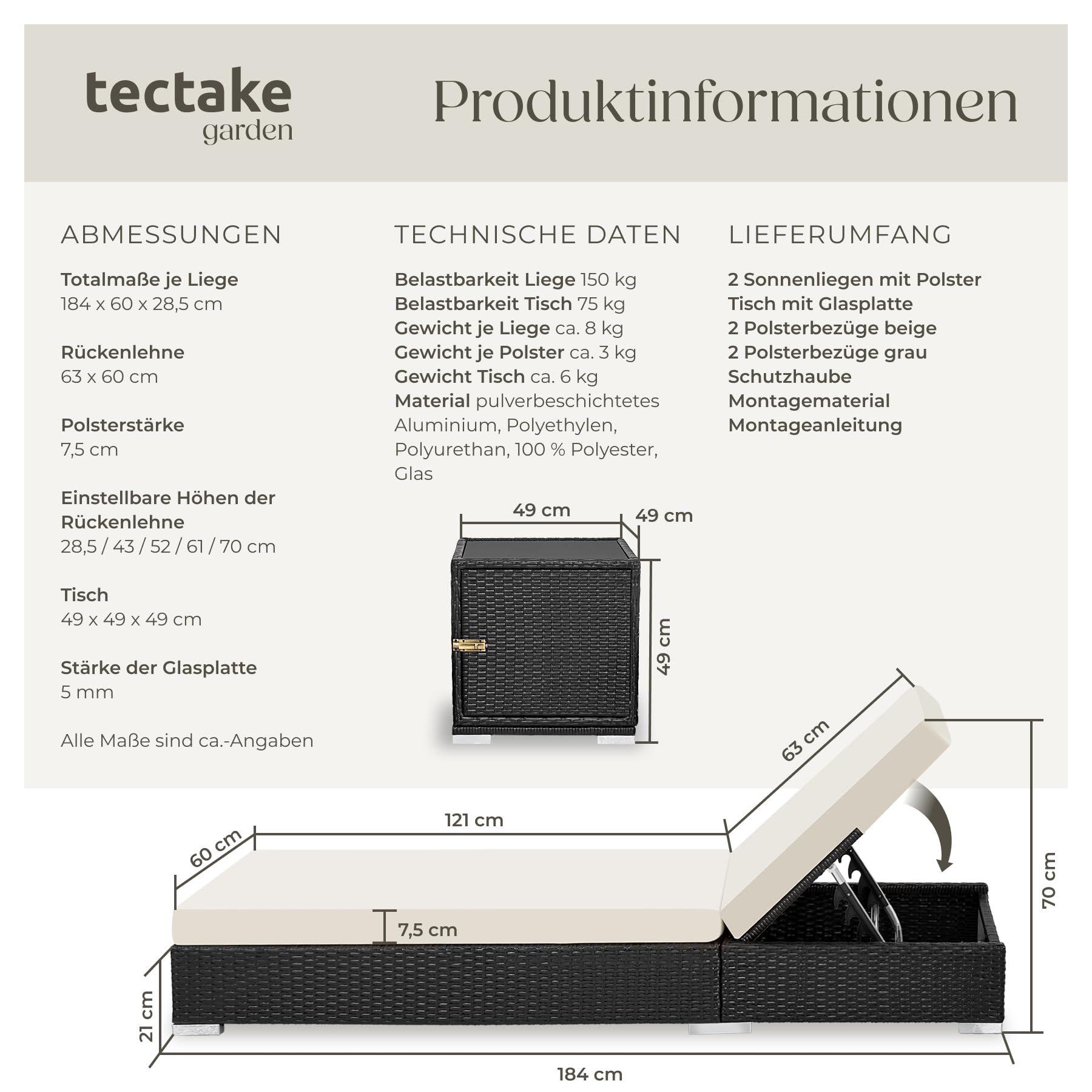 tectake® 2er Garten Lounge Sonnenliegen Set mit Tisch, Aluminium Gartenliege, Gartenlounge Outdoor, Relaxliege inkl. 2 Bezugsets und Schutzhülle, Outdoor Poly Rattan Gartenmöbel Set, 2er Set - schwarz
