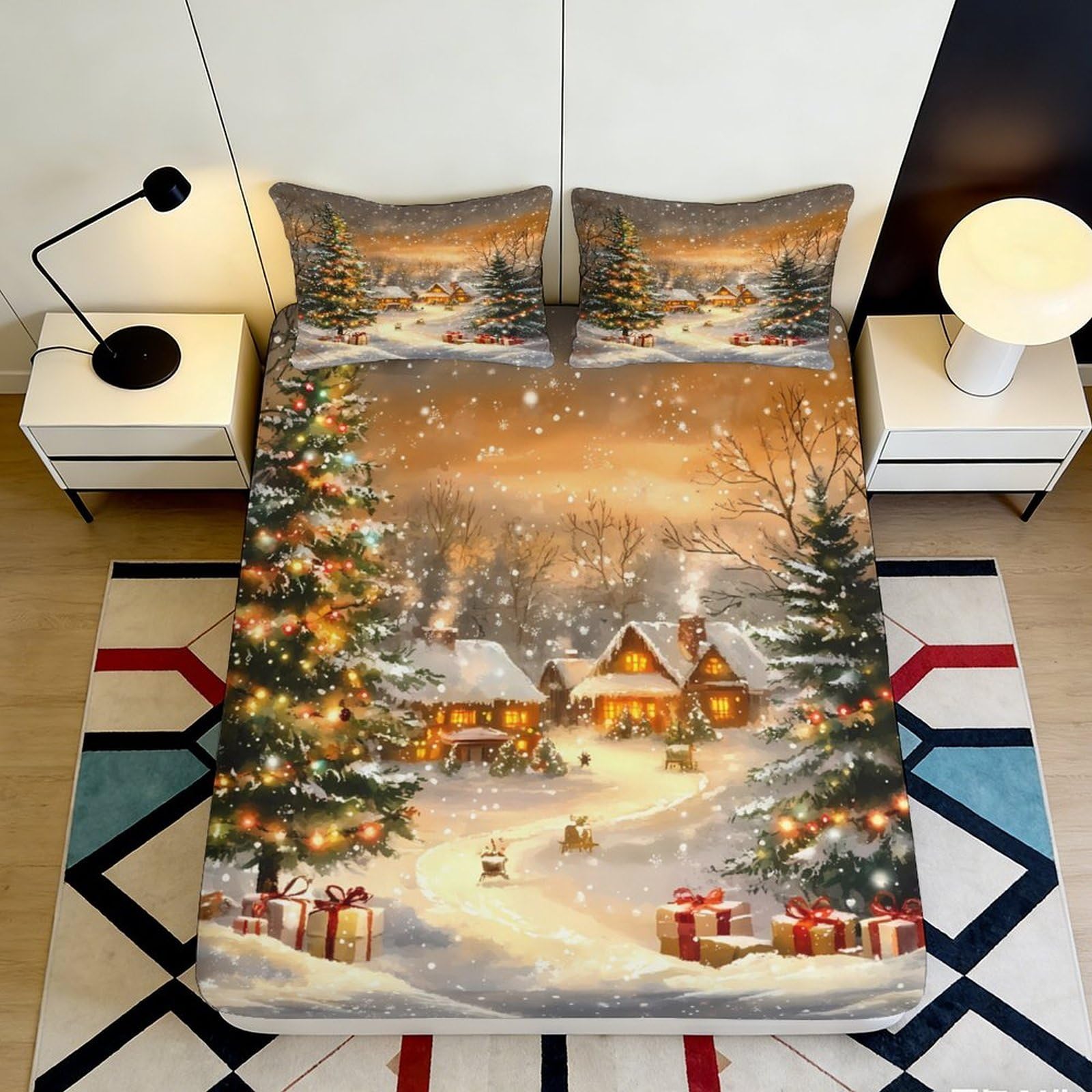 3D Printed Winter Snowy Village Fitted Sheet Microfiber Soft Durable Christmas Tree Bed Cover for Bedroom Guest Room Mattress Protection Decoration 90x200x25cm