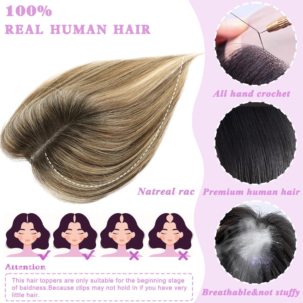 Lagomance Hair Toppers with Thinninghair 100% Real Human Hair Topper for Women 10inch Medium Brown Mix Blonde with Dark Brown Root Toppers 120% Density top toppee for ThinningHair4T427 - Image 3
