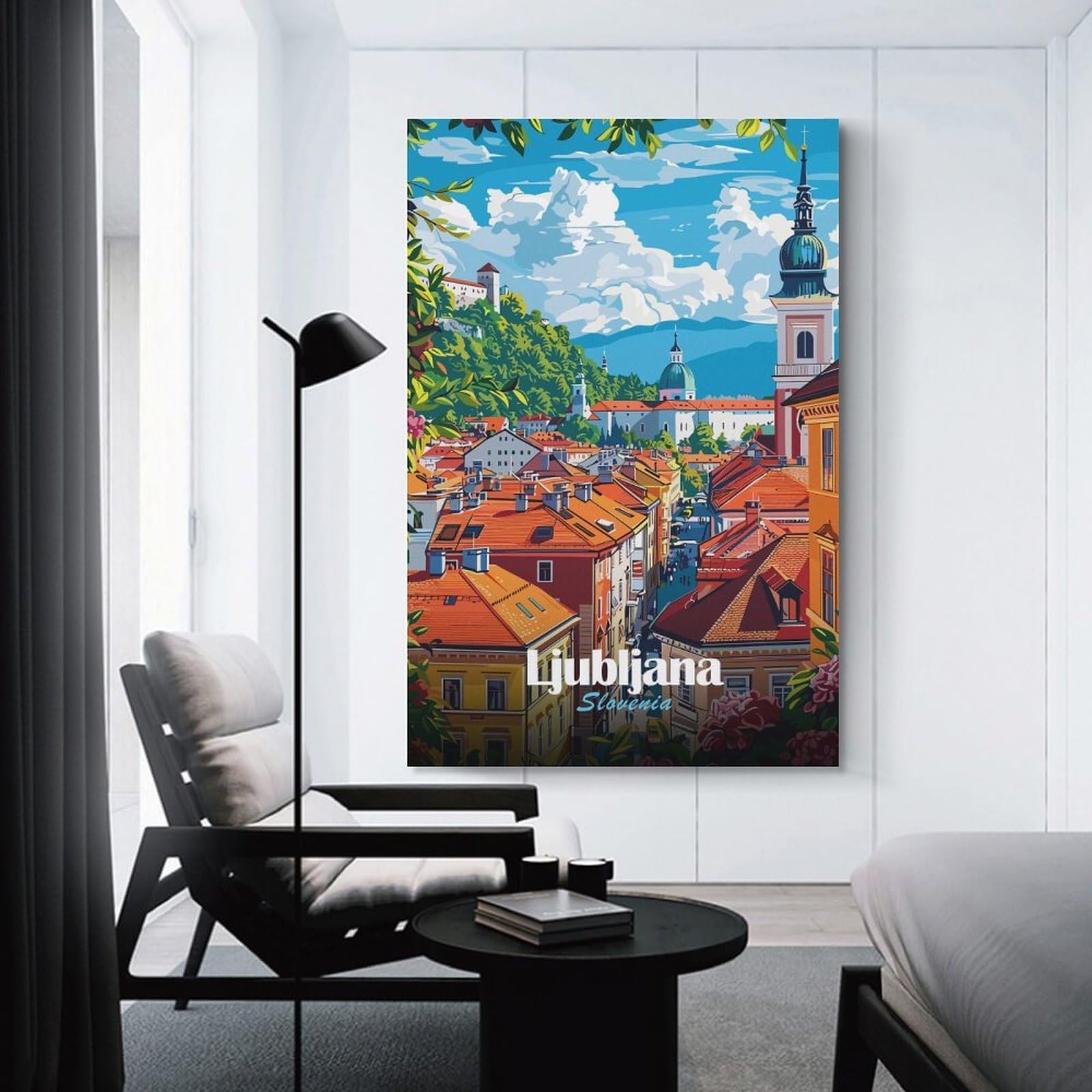 Junmoney Ljubljana, Slovenia Cityscape Illustration Canvas Wall Picture 20x30inch(50x75cm), for Entryway, Lounge Links Or Small Walls, Decorative Canvas Styling for Entry Areas