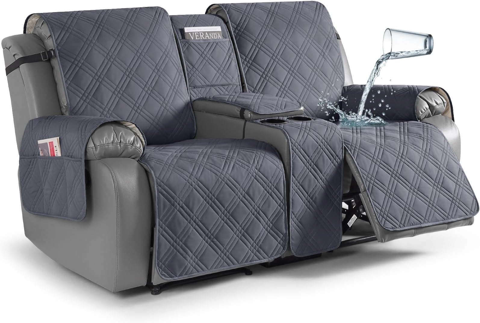 TAOCOCO Loveseat Recliner Cover with Console, Non-Slip Split Reclining Pet Cover for Dual Loveseat Recliner, Furniture Protector with Elastic Straps (2 Seater, Dark Grey)