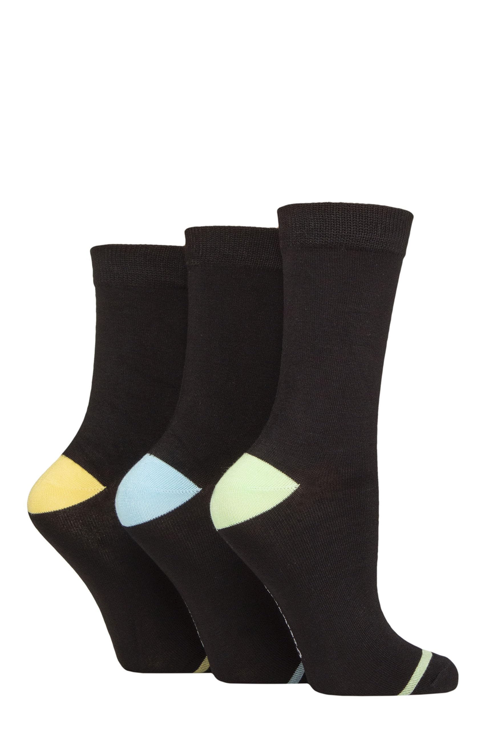 Glenmuir Ladies Contrast Heel and Toe Bamboo Socks Pack of 3 (UK, Numeric, 4, 8, Regular, Regular, Black Lime/Blue)