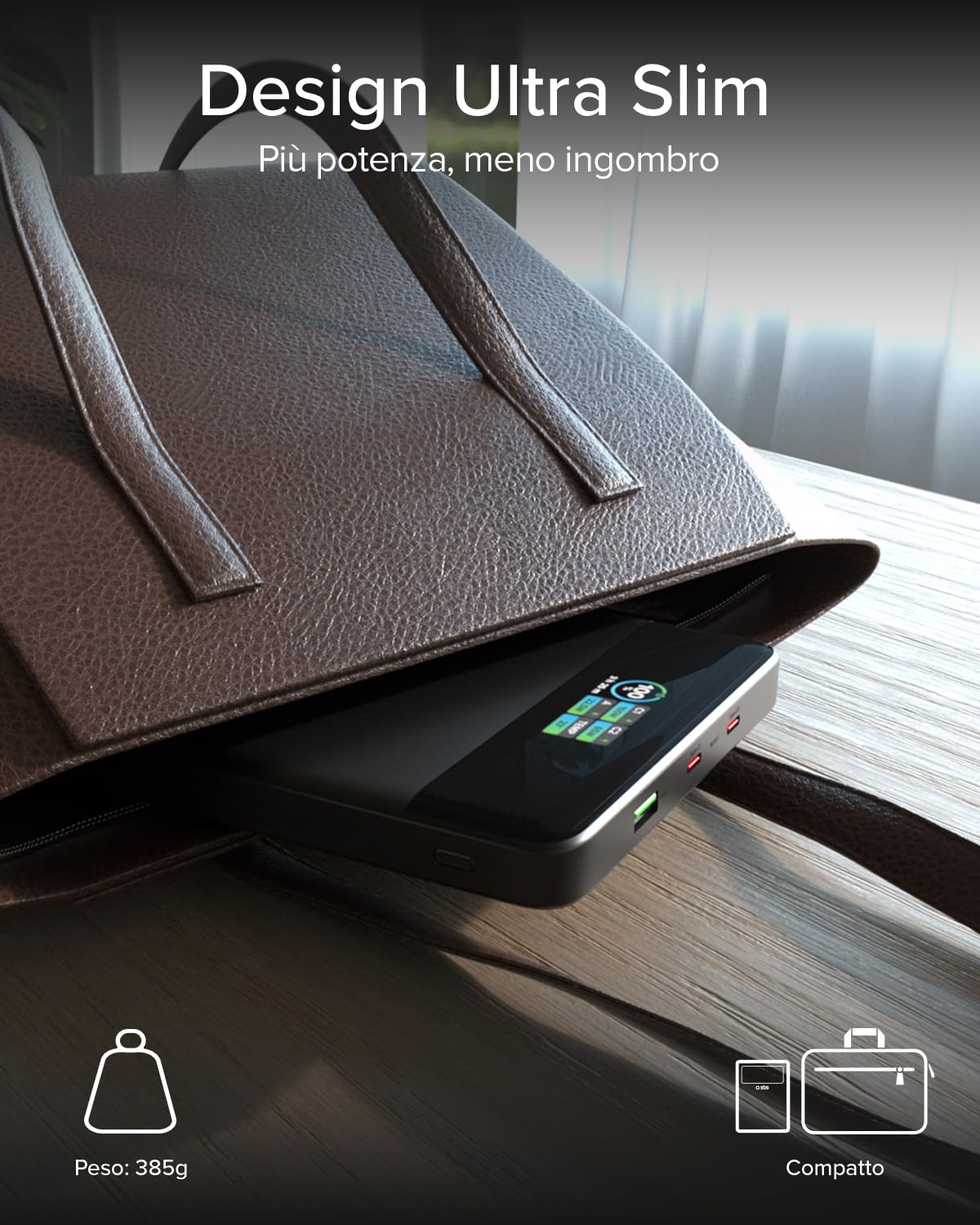 SBS Pulse PowerBank Lite 100W, 20000mAh, Power Delivery (PD 3.0 PPS) | AFC, Power Bank con Ricarica Rapida, Display LCD AI, USB-C, USB-A, Caricabatterie Portatile da Viaggio, Design Slim, Grigio