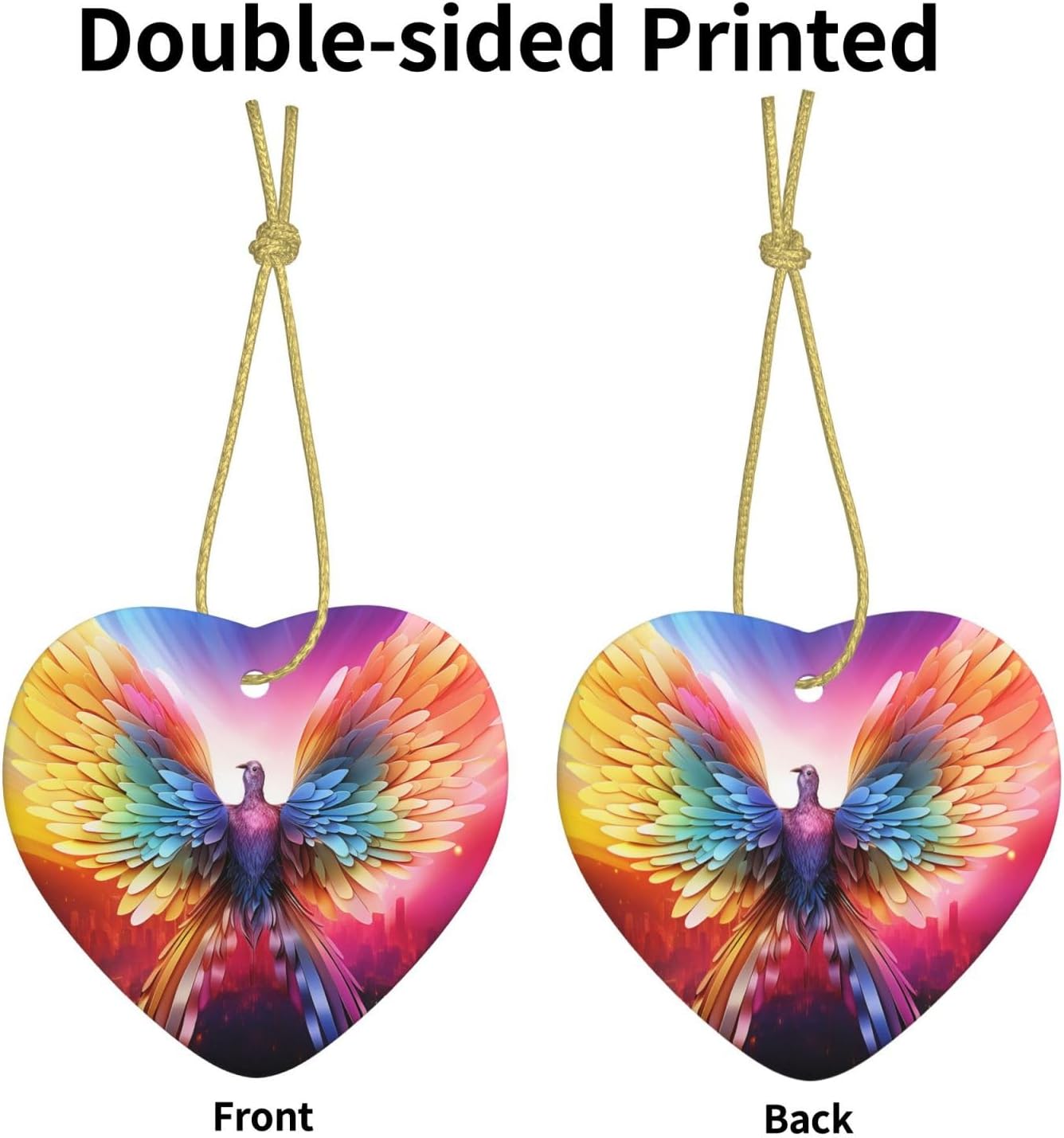Ceramic Christmas Ornaments Heart Shaped Xmas Hanging Ornament Double-Sided Colorful Wings Print Christmas Tree Pendants for Fireplace Party Holiday Wedding Xmas Decoration