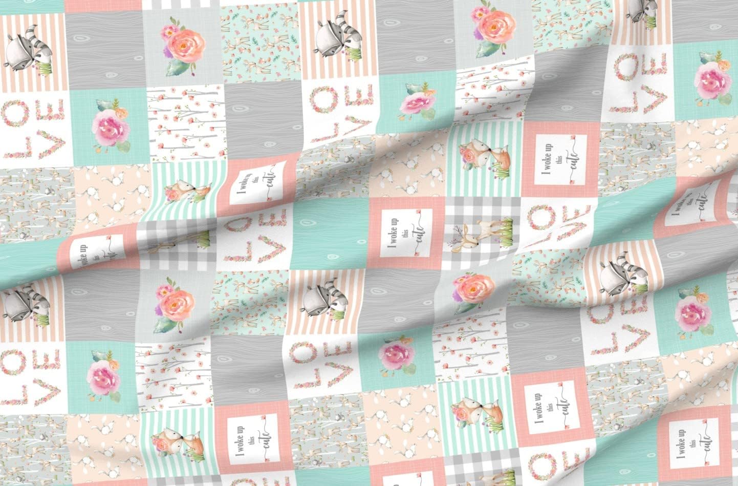 Spoonflower Fabric - Woodland Animals Girl Quilt Top Rotated Deer Fox Raccoon Patchwork Printed on Minky Fabric by The Yard - Sewing Baby Blankets Quilt Backing Plush