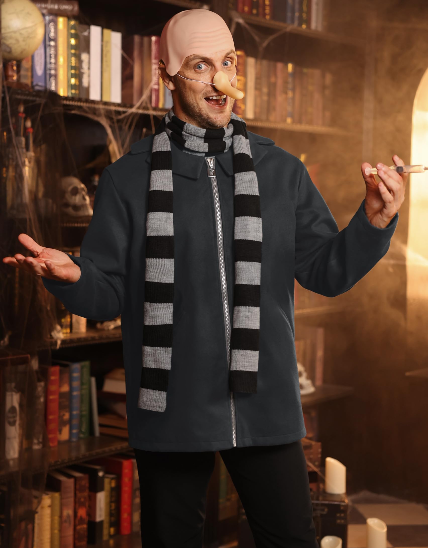 ERECT PEAK Men's Adult Costume 5 Piece Set Halloween Party Cosplay Funny Outfit Grey Coat With Striped Scarf Hairnet Headgear Fake Nose Accessories Comic Con Dress up Black and Gray XXXL - Image 2
