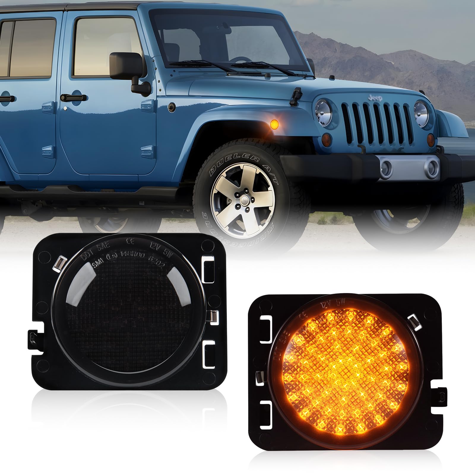 POPMOTORZ LED Clignotant Latéral pour J-eep Wrangler JK 2007-2015, LED Feux Latéraux avec Canbus Sans Erreur 4014 SMD, 2 Pièces
