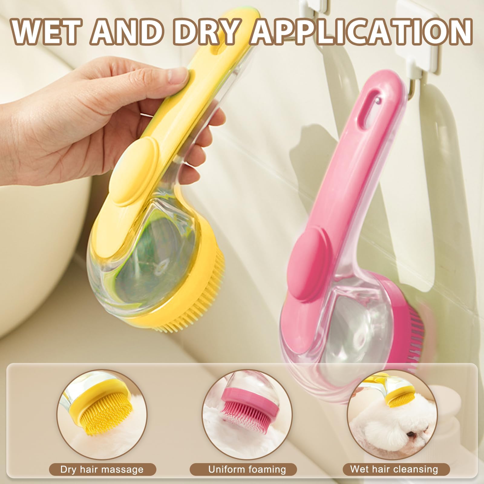 Spazzola da bagno per animali domestici 2 in 1, strumento di lavaggio per cani e gatti con dispenser di sapone, adatta per animali domestici a pelo lungo, pelo corto, morbido e ispido