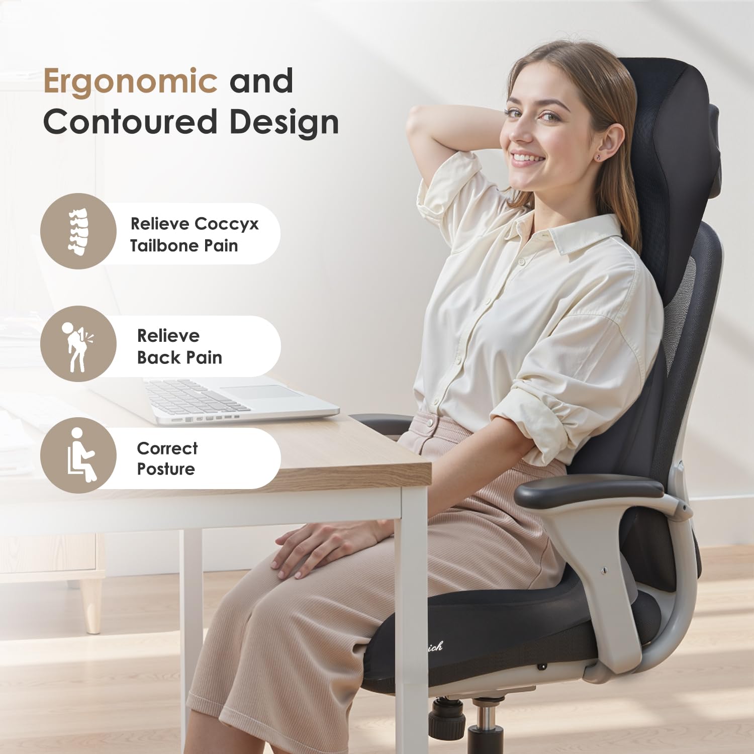 FLORICH Car Seat Cushion & Lumbar Support Pillow & Car Neck Pillow for Driver Car Office Chair, Ergonomic Memory Foam Car Cushion & Back Support Pillow for Sciatica Pain Relief - Black - Image 3