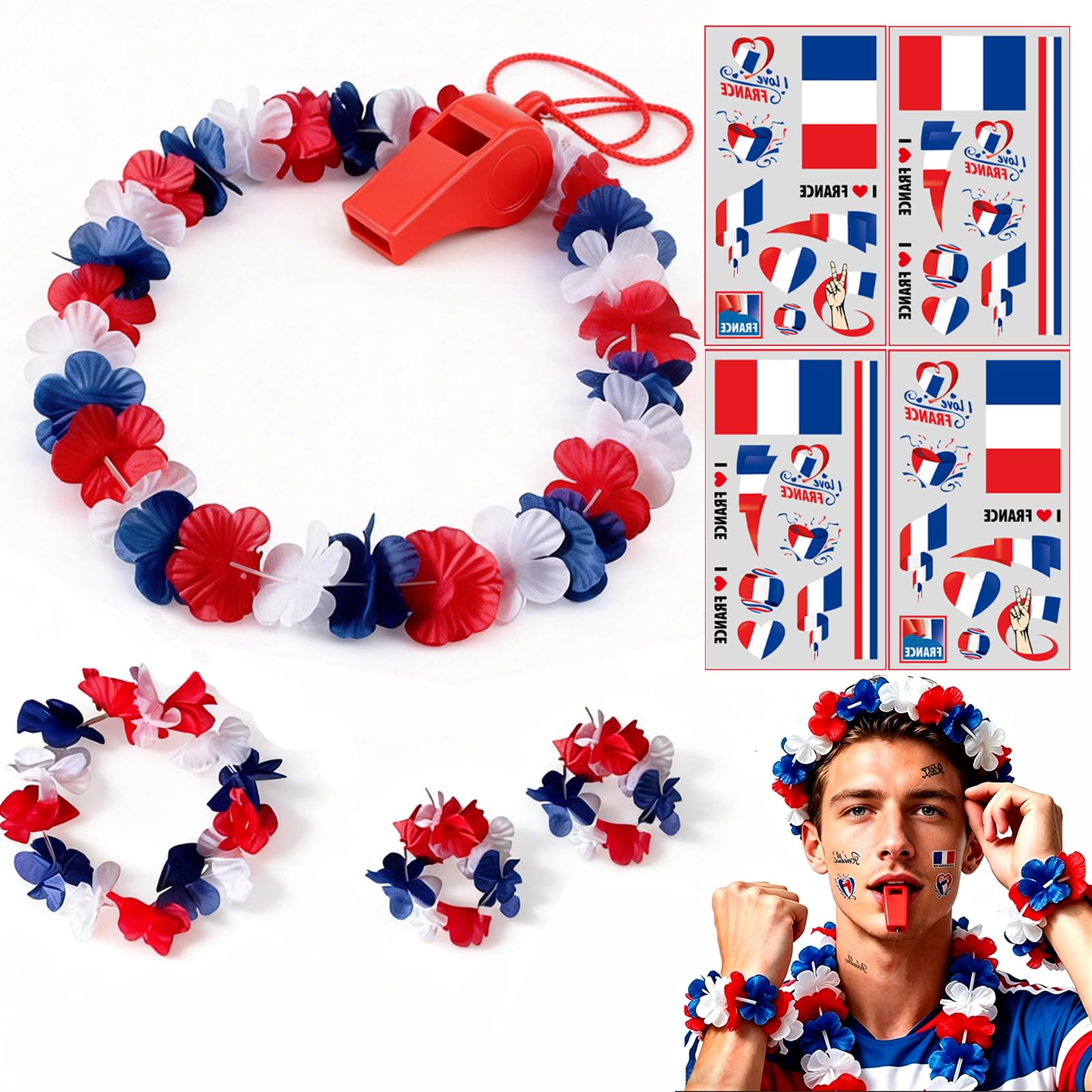 9 Pièces Supporter Equipe de France, 1 Collier Hawaï Supporter + 1 Sifflet Rouge + 4 Autocollants Visages + 2 Bracelets + 1 Cheveux pour Coupe du Monde l'Euro Football, Accessoire Supporters France