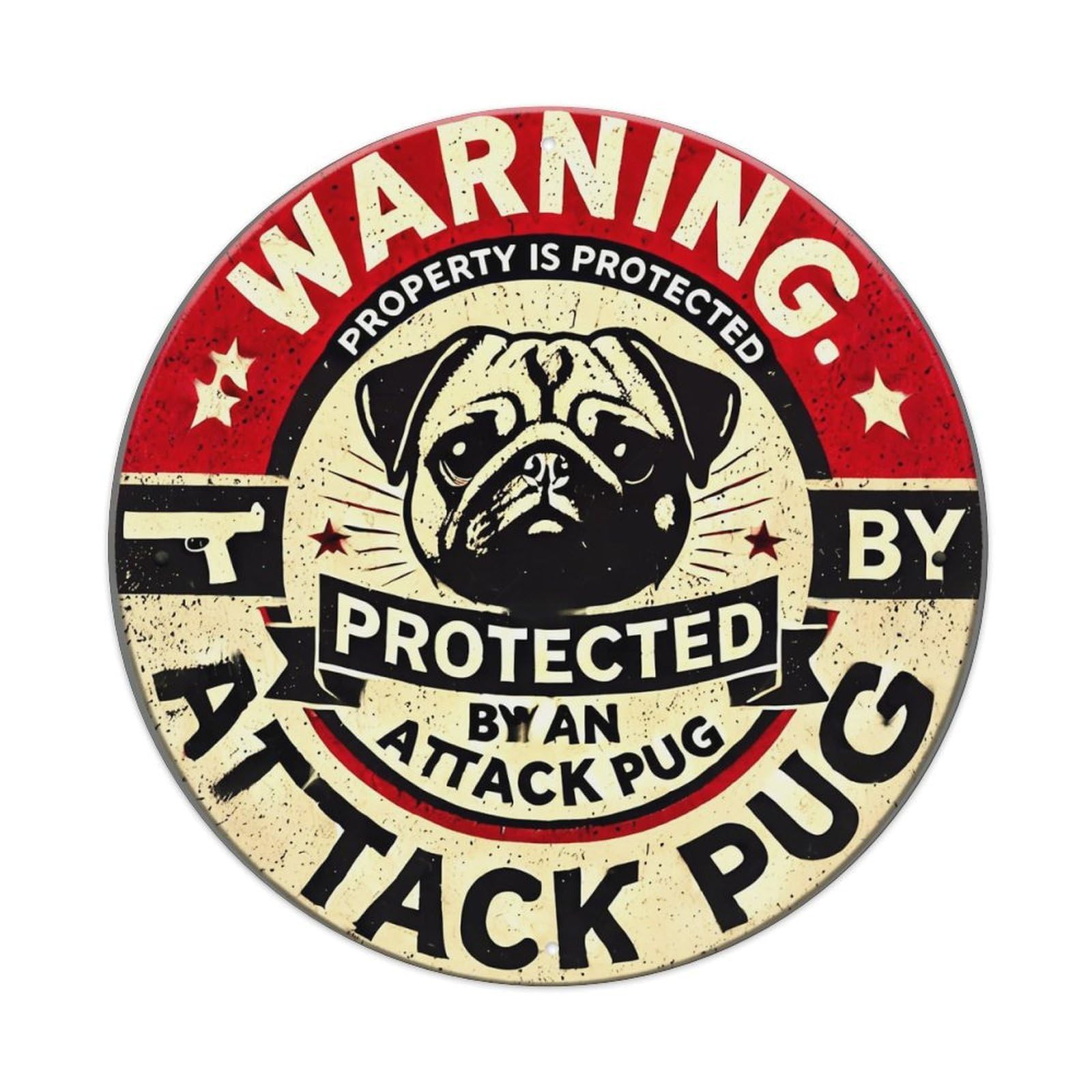 Jdyaojiesheng Vintage Warning Property Protected By Attack Pug Round Tin Sign Retro Metal Wall Decor Metal Poster, Home Bar Garage Farmhouse Cafe Wall Art Decoration 8X8inch