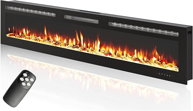Electric Fireplace 80-Inch Wall Mounted, Modern Fireplace Insert with Remote, 12 Flame Effects, Adjustable Thermostat, Quiet Heater, Multicolor Ember Bed, Best Fireplace for Bedroom Living Room
