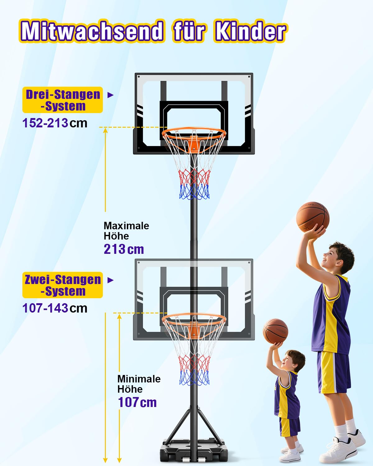 Dripex Basketballkorb Outdoor Kinder, 107-213 cm höhenverstellbar mit Rollen
