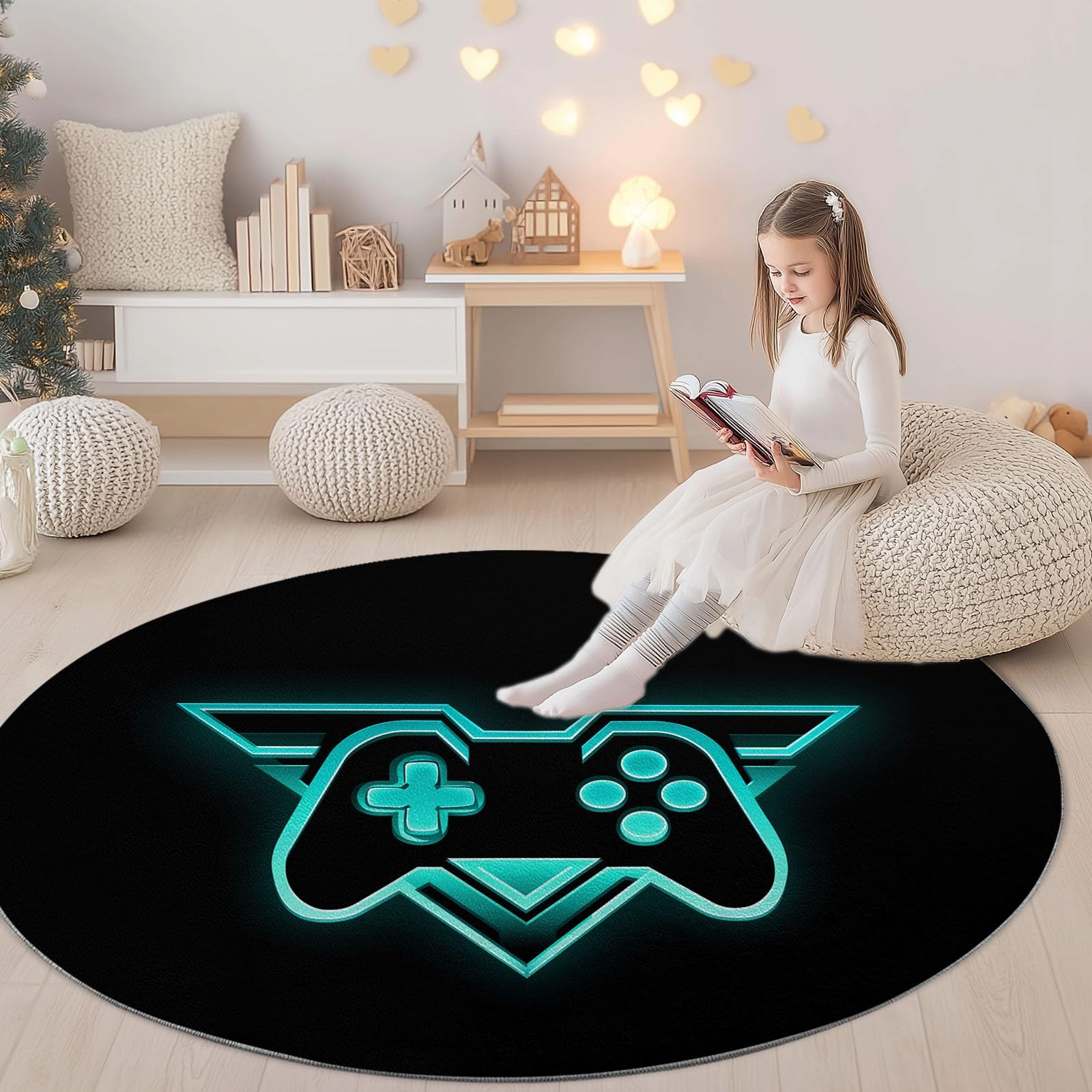 Generisch Teppich Game Controller Rund Ø 120 cm Weich und Flauschig Teppich, rutschfest Waschbar Schwarz Bedruckt Bodenteppich - Pflegeleicht für Wohnzimmer Schlafzimmer Terrasse