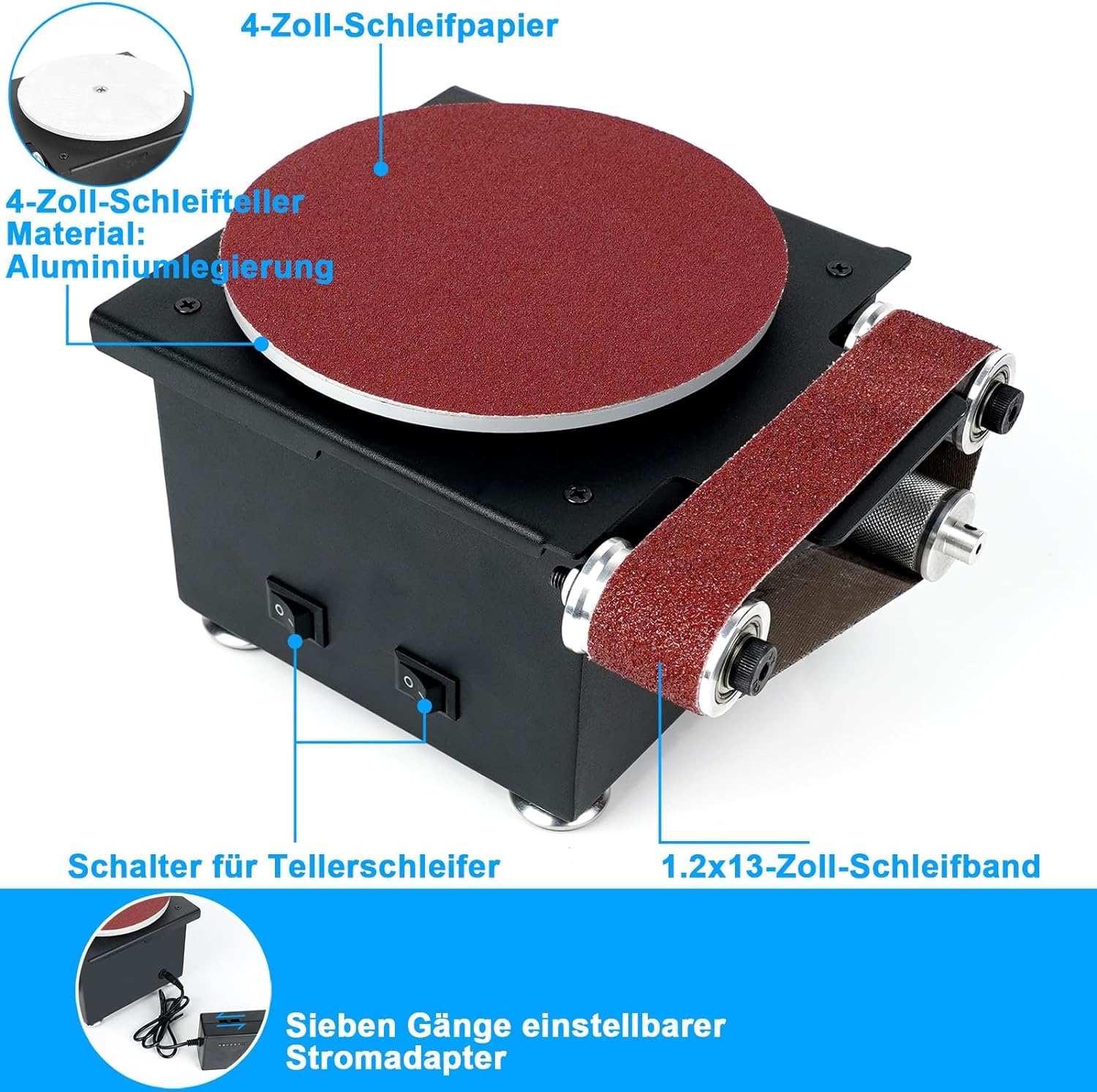 Band und Tellerschleifer 350W Leistung Durchmesser des Schleiftellers 150mm,Mini Bandschleifer Lieferung mit 10 Blatt Schleifpapier und 10 Schleifbändern, Geeignet zum Schleifen von Metall, Holz usw