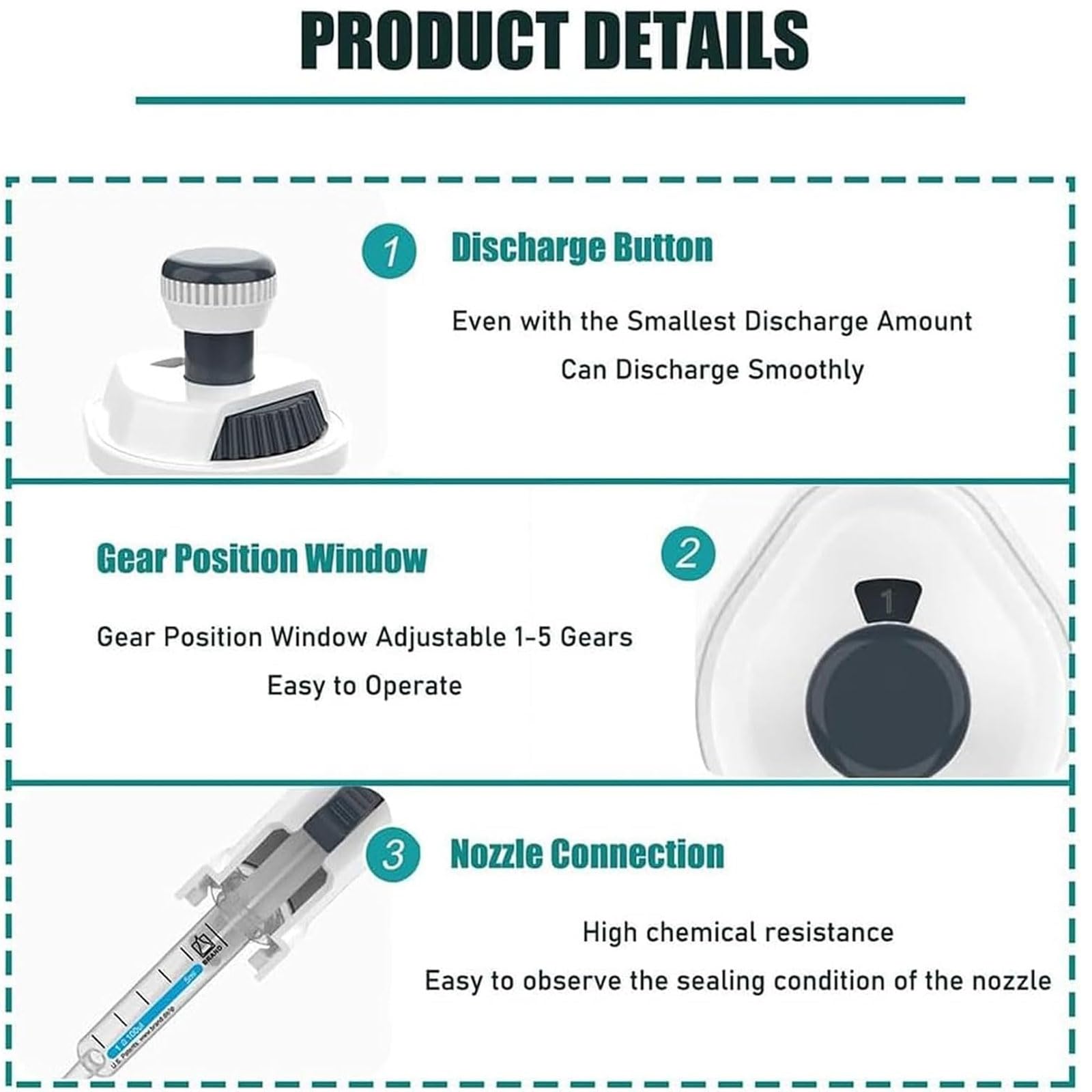 JOSBY Pipetas continuas de 0,5 ml a 50 ml (48 Unidades), dispensador de Laboratorio de Volumen Ajustable, pipetas monocanal con Puntas de 5 ml, pipeta de 5 velocidades, posición de Engranaje Visible