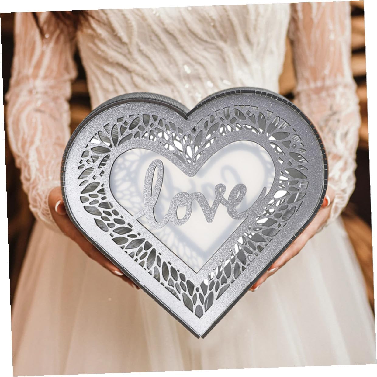 Wooden Hollow Heart Card Box Glitter Finish Wedding Anniversary Greeting Card Storage Organizer for Birthday Party and Valentine’s Day Decorations