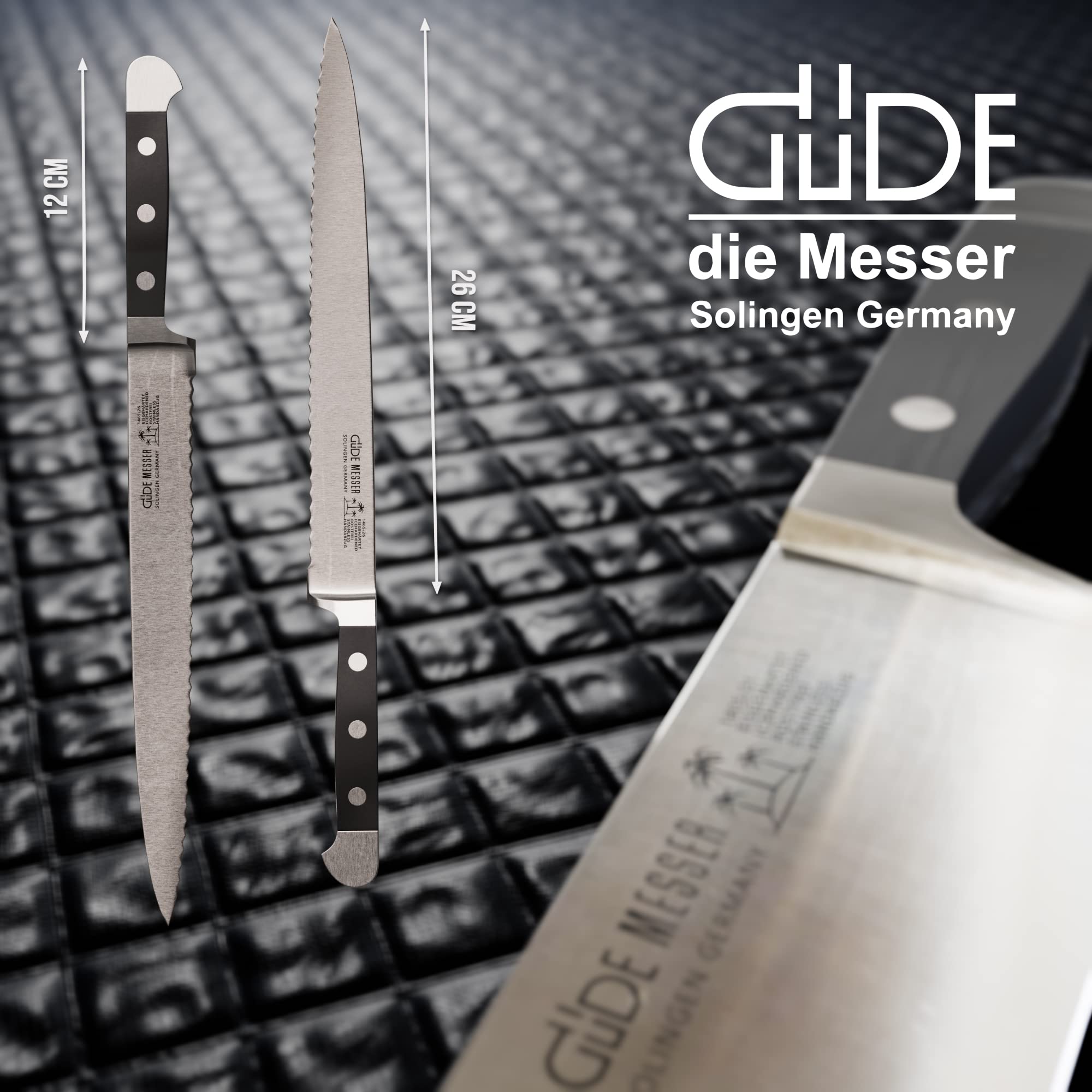 GÜDE Solingen - Couteau à jambon manche forgé, 26 cm, POM noir, ALPHA - couteau à découper, double mitre, fabriqué à la main en Allemagne