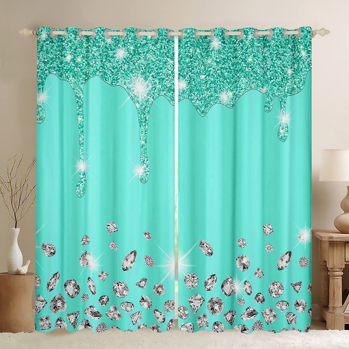 Loussiesd Silver Glitter Curtain (No Glitter) Bling Partyations Teal Blue Darkening Window Drapes for Bedroom Diamond Jewelry Blackout CurtainsWindow Treatments W46*L72