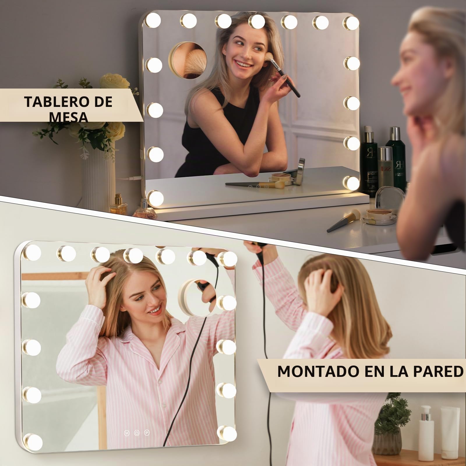 Mamizo Espejo Hollywood 58x46cm, Espejo de Maquillaje con Iluminación, 15LED, 3 Colores de Luz, Brillo Regulable, con USB y Lupa Extraíble