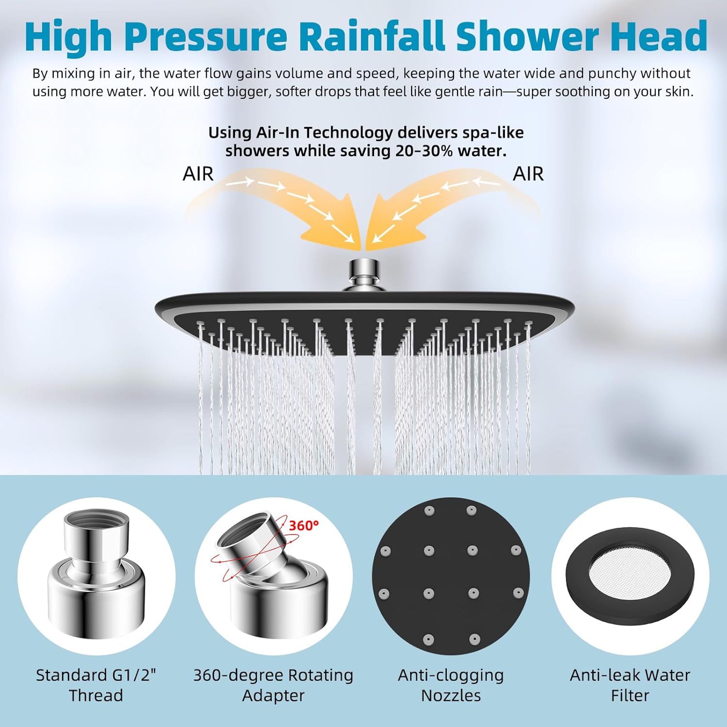 Rain Shower Head with 12" Shower Head Extension Arm, 10" High Pressure Boosting Rainfall/Fixed Showerhead, Metal Shower Head Extender Adjustable Height/Angle, 1-Min Installation, Easy Clean, Chrome