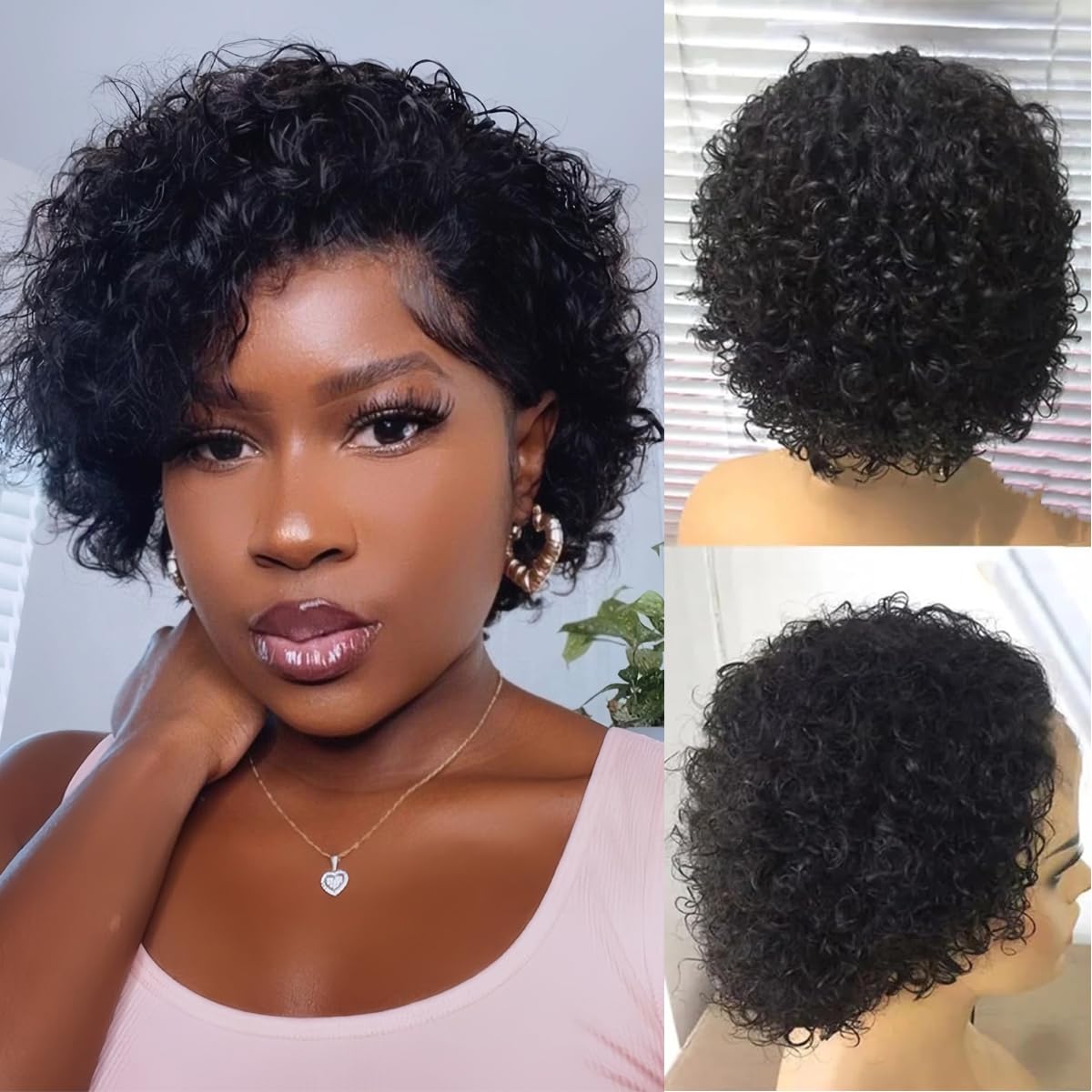 13x4 Lace Front Wig Human Hair Short Curly Pixie Cut Glueless Deep Wave Short Curly Pixie Cut 13x4 Lace Front Human Hair Wig 13x4 HD  main image 2