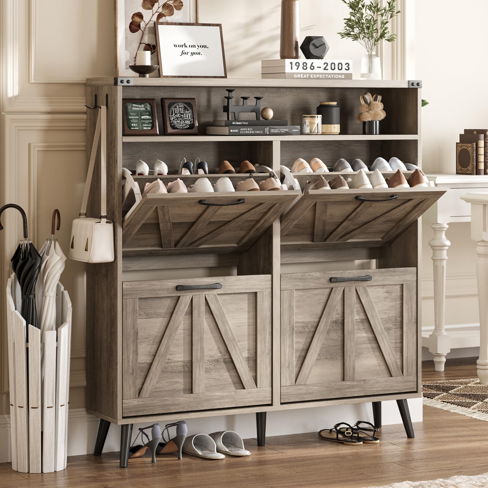 Halitaa Shoe Cabinet with 4 Flip Drawers,Farmhouse Shoe Storage Cabinet for Entryway,Narrow Freestanding Organizer Rack with Open Shelves for Foyer,Hallway,Grey