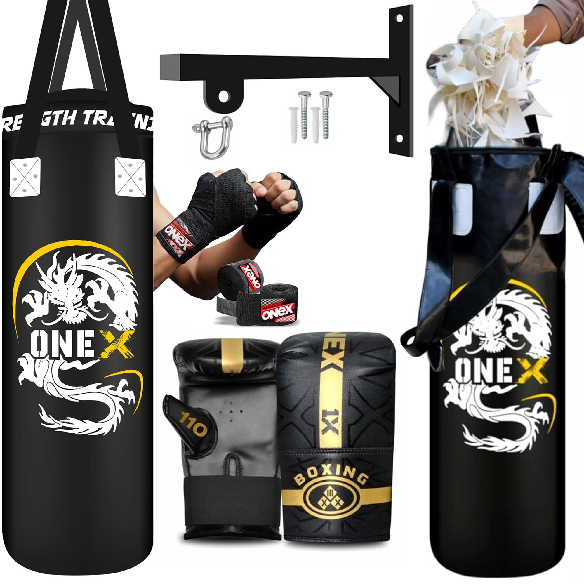 Boxing bag heavy duty punching bag Unfilled 3ft, 4ft, 5ft Punch bag set,with Wall bracket,Punching Mitts and Hand Wraps. (Black, 3ft)