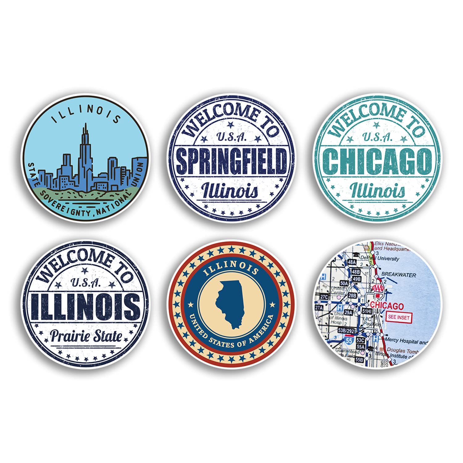 6 x 10cm Illinois Vinyl Stickers - Chicago US State America Travel Map Flag Holiday Luggage Design Gift #78833