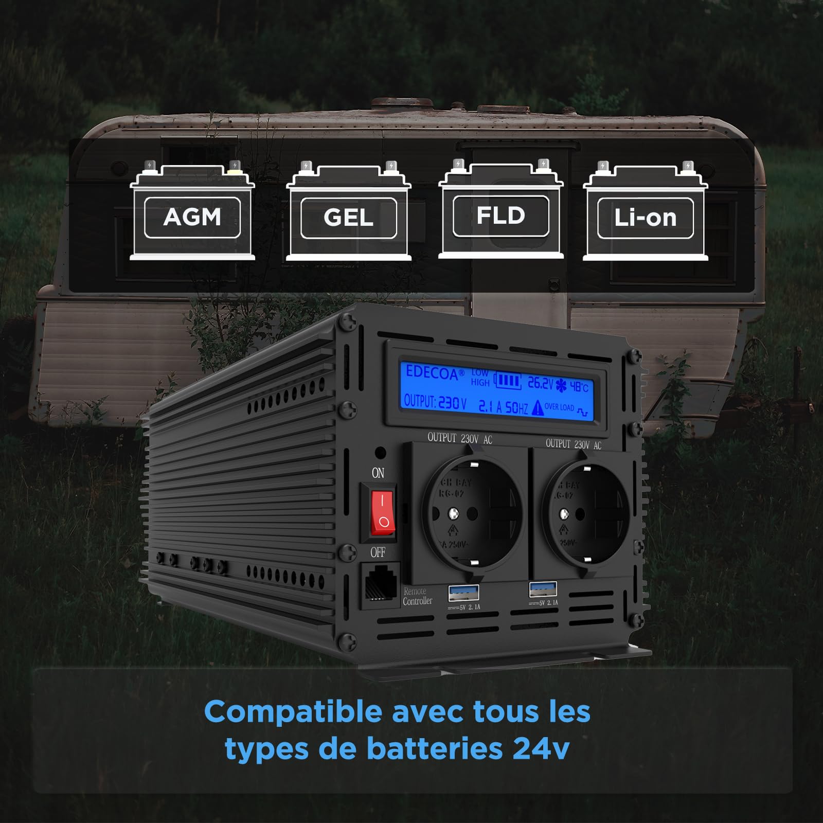 EDECOA Inverter 2000w convertisseur de tension 24v 230v onduleur sinusoïdal modifié 24v 220v LCD avec télécommande et deux ports USB