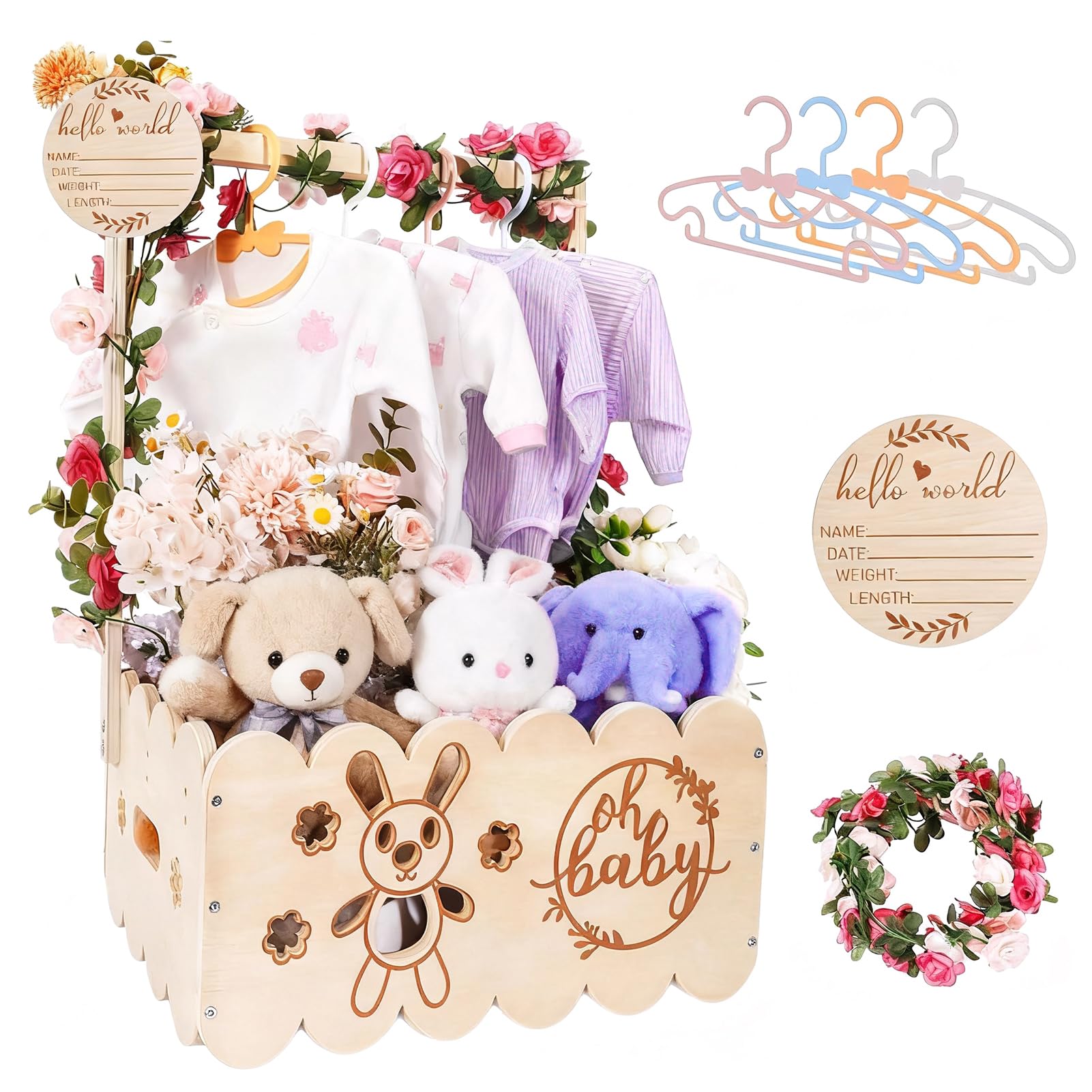 SciFiVisi Holz Baby Geschenk Korb mit Griff - Baby Aufbewahrungskorb, Babyparty Schrank mit Namensschilder Holz, Girlanden Kunststoff und 4 Kinder KleiderbüGeln für Neugeborene Babyparty Neue Eltern