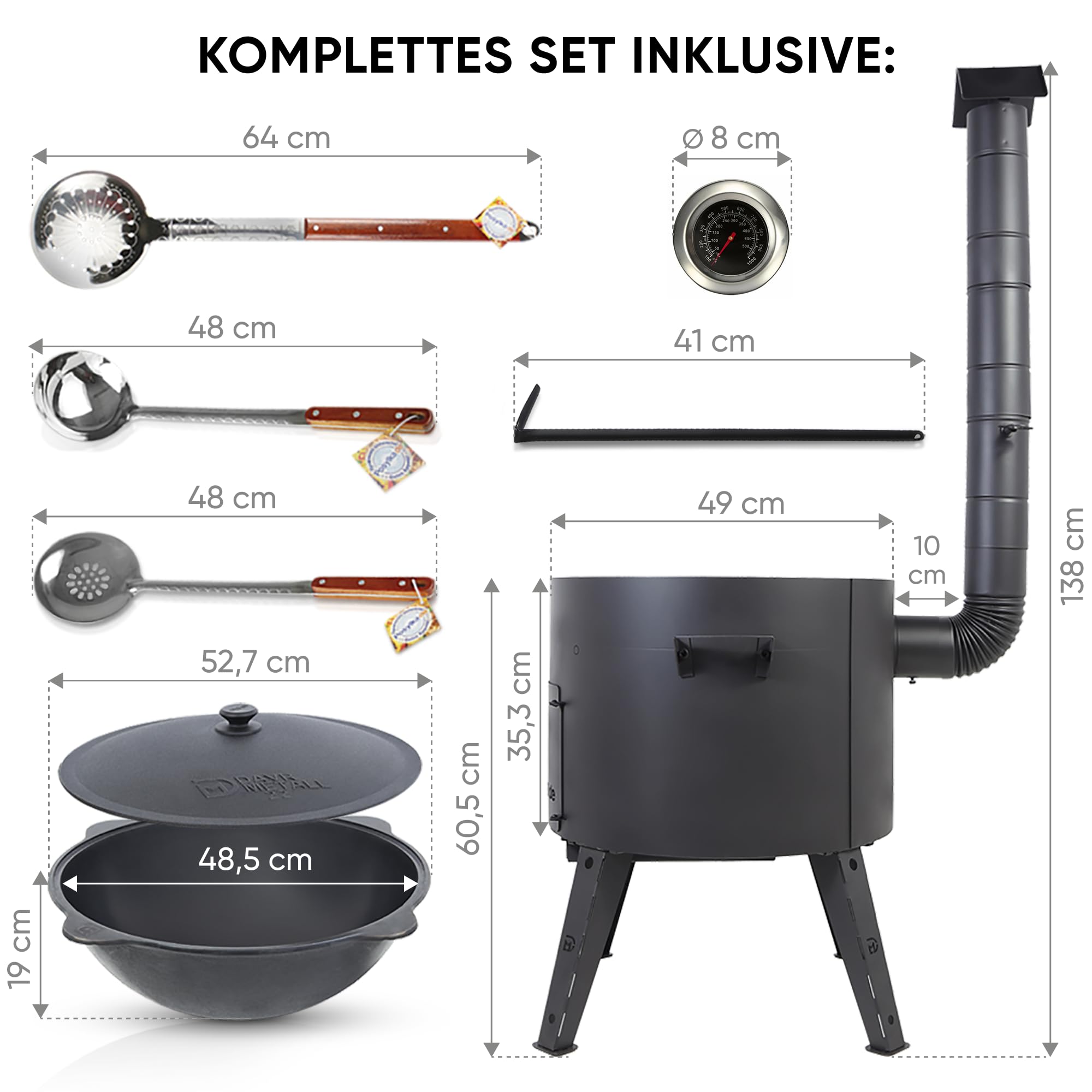 Utschak Feuerofen Ø 49 cm mit Thermometer & Gusseisen Topf 22 L, Ø 52,7 cm Kazan-Set mit Deckel Outdoor Feuerschale Gulaschkanone Usbekischer Kochtopf aus Gusseisen Gartenküche