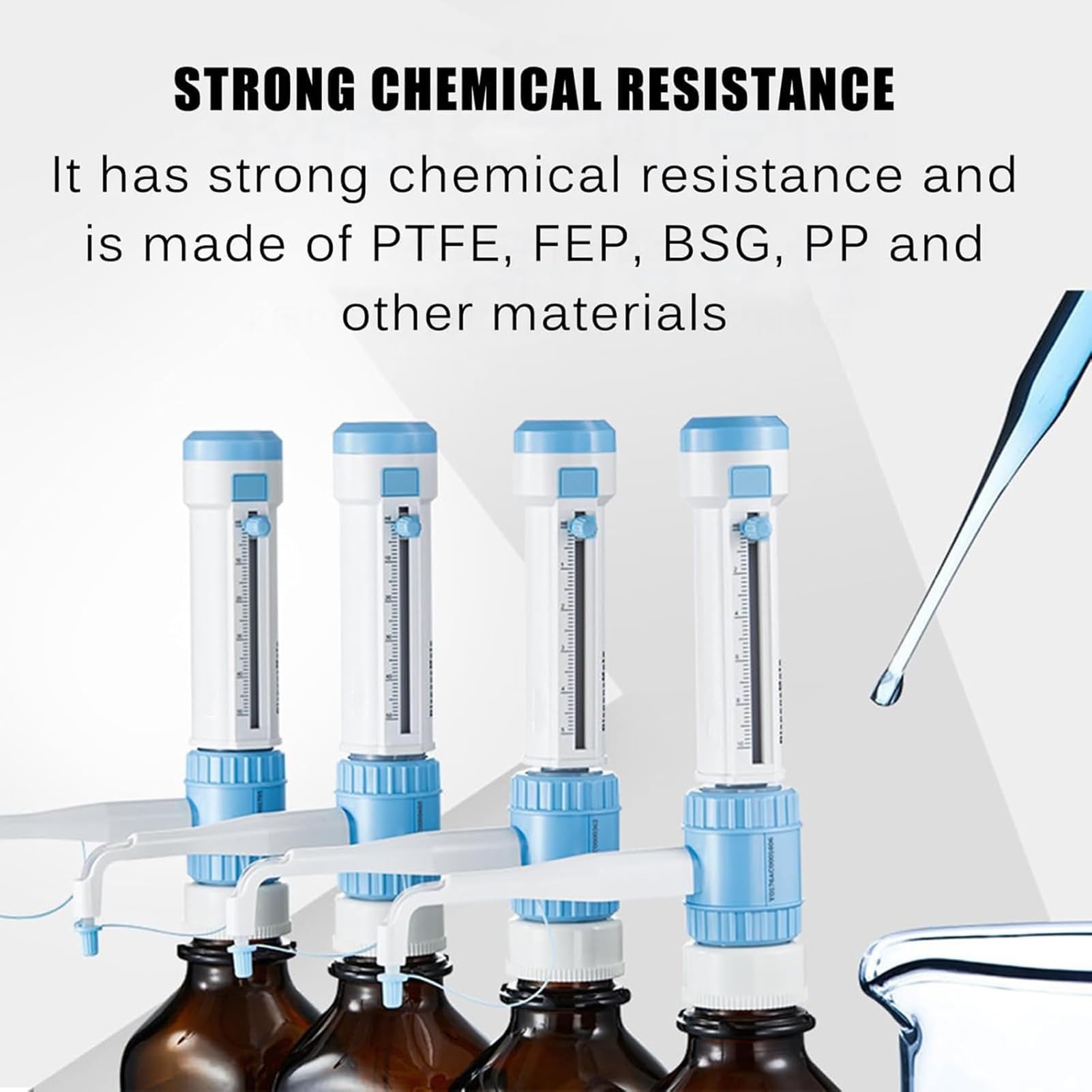 Distributeur de liquide de laboratoire avec adaptateurs pour goulot de bouteille – Réglage précis du volume pour distribuer des solvants, des réactifs, des produits chimiques (0,5 à 5 ml) – Matériau
