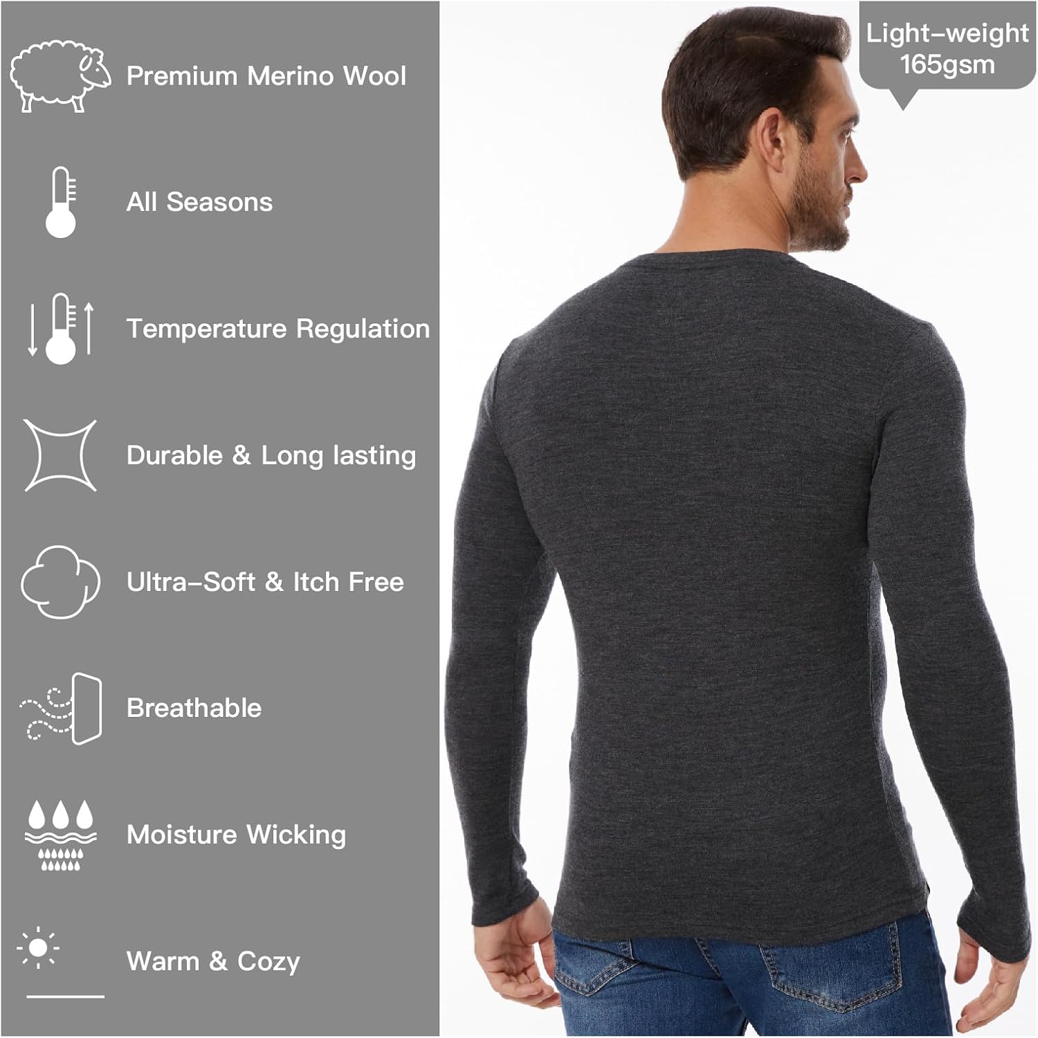 MERINNOVATION Merino Wool Base Layer Mens - 100% Merino Wool Shirts for Men Lite - Midweight Long Sleeve V Neck T-Shirt