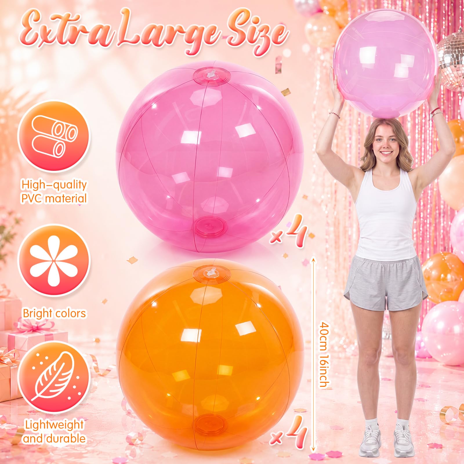 Lot de 8 ballons de plage roses et oranges de 40,6 cm - Ballons gonflables et flottants pour enterrement de vie de jeune fille - Coucher de soleil - Été - Piscine - Plage - Fête