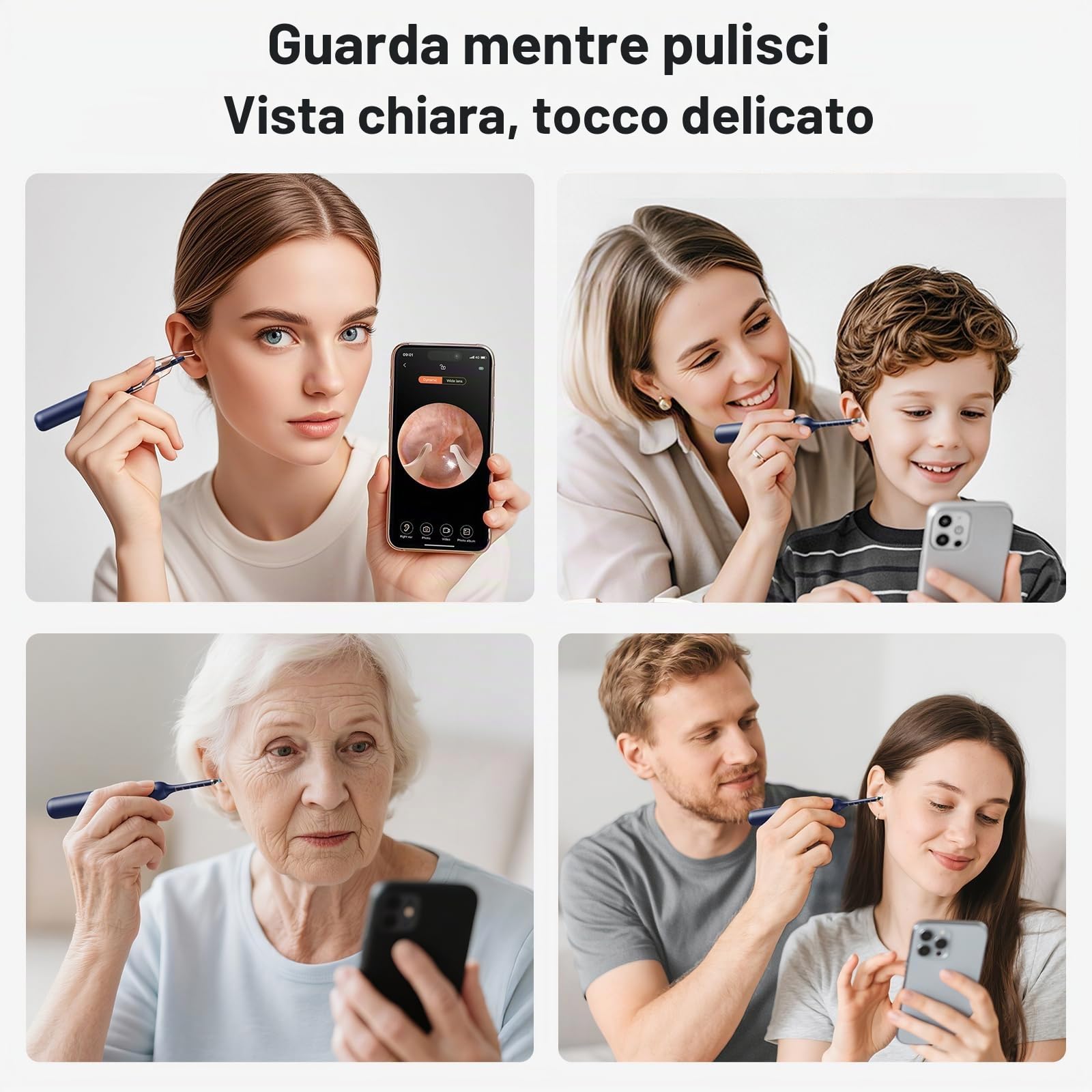 Pulitore Orecchie con Telecamera 1296P HD – Otoscopio WiFi con 6 LED, Vista 360°, per Esame Orecchio Naso Gola, Kit Strumenti Completo (IP67 impermeabile)