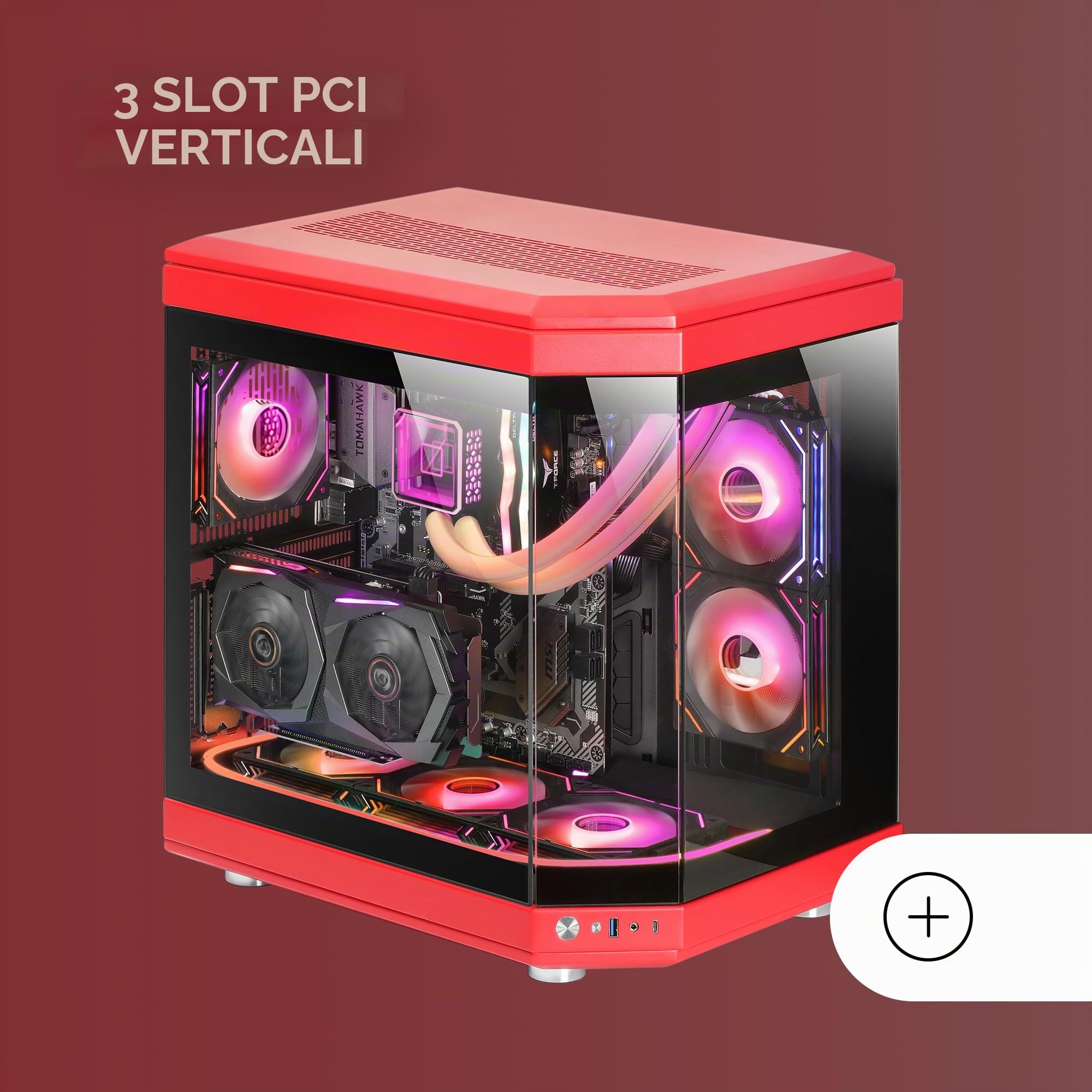 Mars Gaming MC-3T, Case Gaming Custom ATX, Vetro Temperato Continuo Tripla Finestra, Supporto Raffreddamento Liquido Completo, Doppia Camera Laterale, 3x Slot PCI Verticali, USB-C e USB 3.0, Rosso