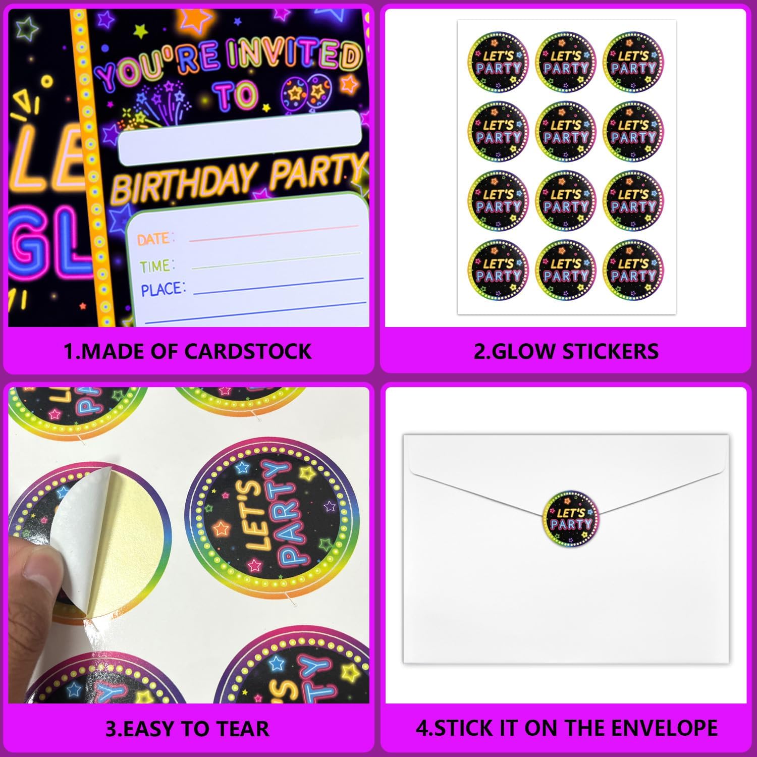 20Pcs leuchtende Party Einladungen Sets mit Umschlägen Let's Glow Neon Party Favors Geburtstag Einladungskarten für Kinder Geburtstag Party Einladungen Zubehör, 17 x 12cm