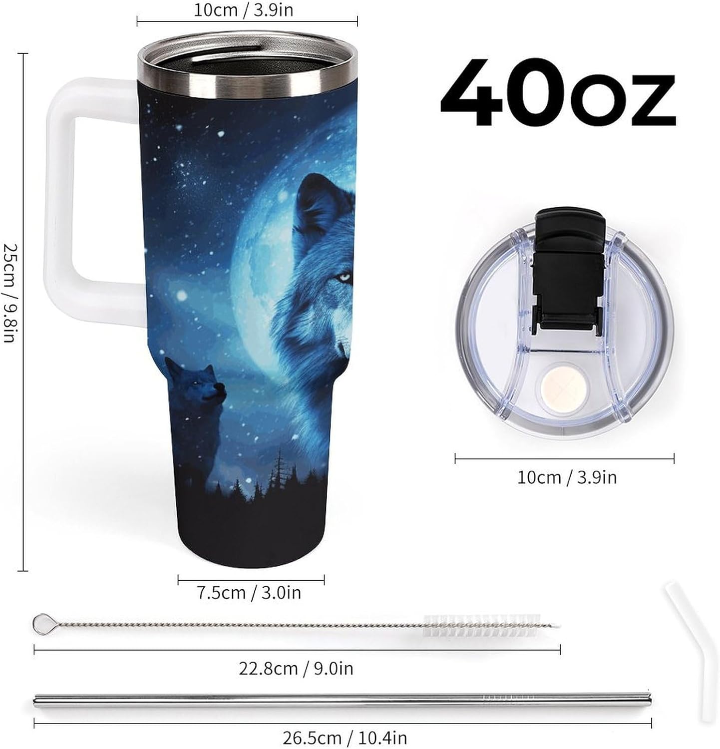 Wolfs Travel Coffee Mug Reusable Durable Stainless Steel Insulated Tumbler with Handle And Straw Leak Resistant Portable Thermal Cup Gifts for Men Women 40 Oz