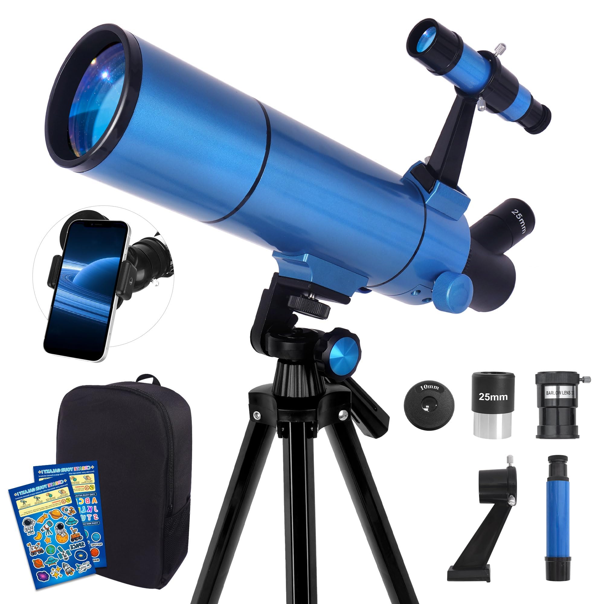 Télescope Réfracteur 80/500 mm pour Adultes, Enfants, Familles et Débutants en Astronomie, avec Trépied Réglable, Adaptateur Smartphone et Sac à Dos, Portable pour Observer la Lune et Les Paysages
