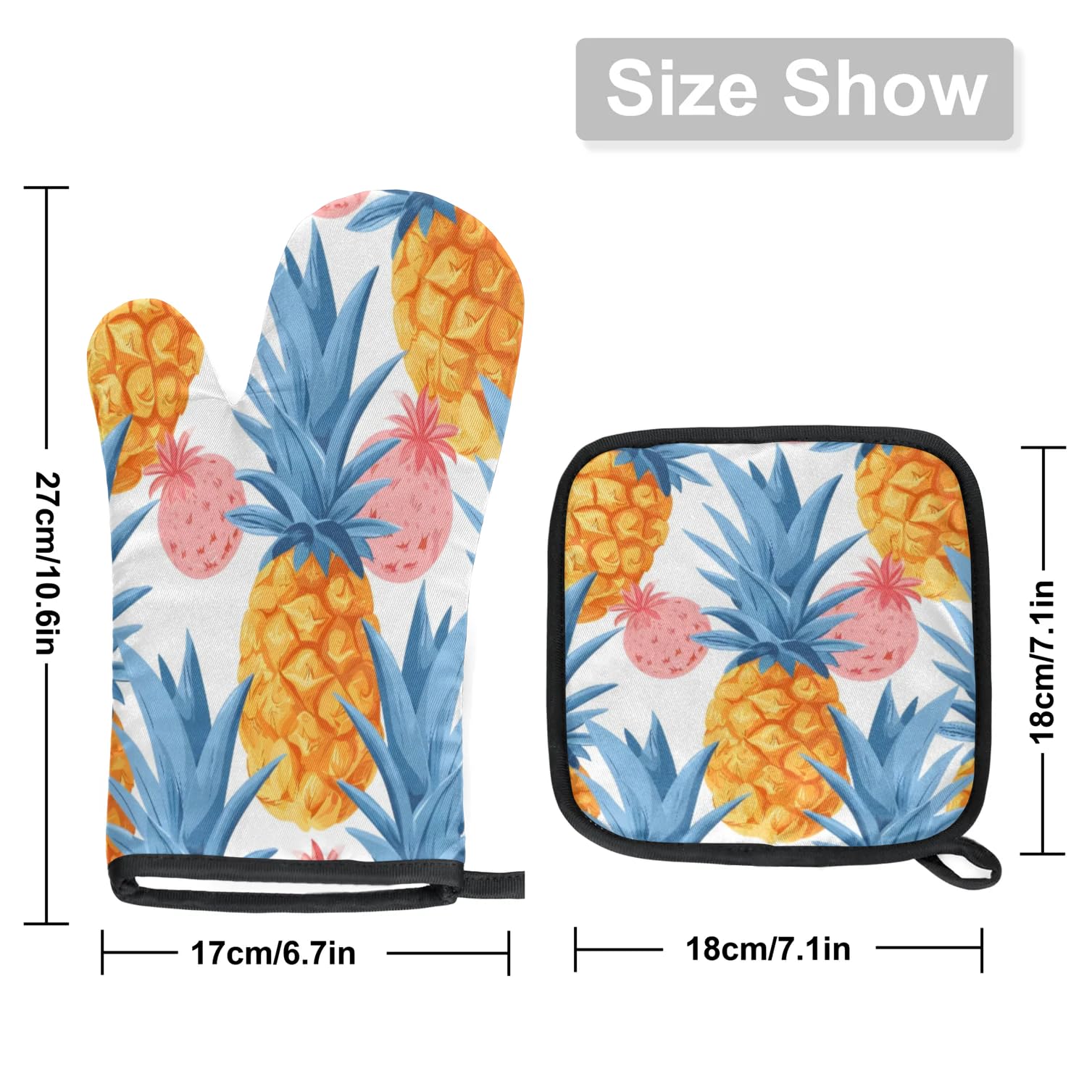 Watercolor Pineapple Pomegranate Oven Mitts Kitchen Oven Gloves for Cooking Baking Heat Proof Lining Cotton Kitchen Potholder Mittens Pot Holders Hot Pads for Chef Women Men