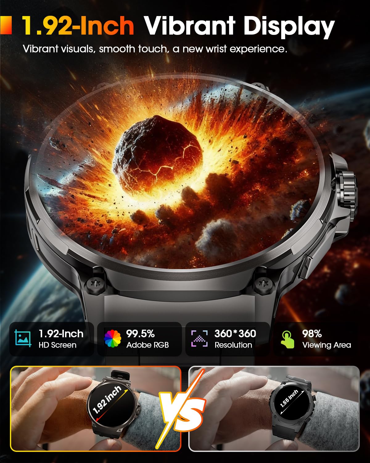 Smartwatch Uomo Militare con 1000mAh, 1,92" HD Smart Watch Orologio con Chiamate, 120+ Modalità Sportive, 5ATM, 24/7 Cardiofrequenzimetro, Sonno, Notifiche Messaggi, Fitness Tracker Android iOS Nero