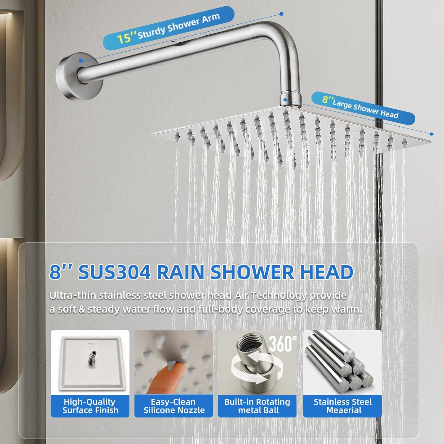 Shower Faucet Set Brushed Nickel Shower System Knob Switch Diverter with High Pressure Handheld Spray Wall Mount 8 Inch Shower Head