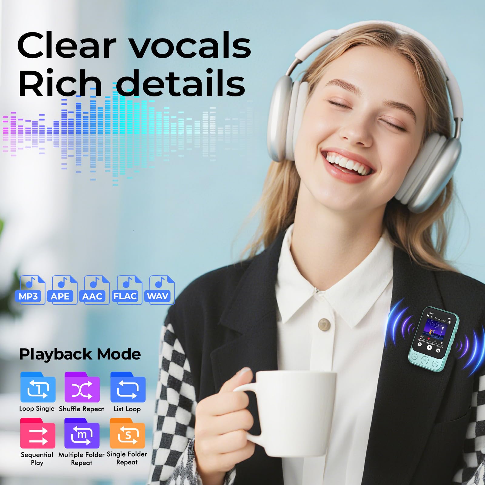 Lettore MP3 64GB Bluetooth 5.3 con Clip, Touchscreen & Tasti, Altoparlante | Musica senza smartphone · Solo 37g · Facile da usare · Audiolibri & apprendimento · Timer di spegnimento