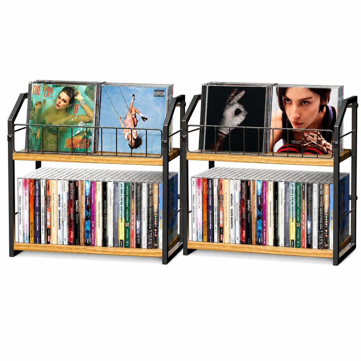 CD Storage, 2 Tier CD holder &amp; Display, 60 Capacity-Natural Wood 2 Pack