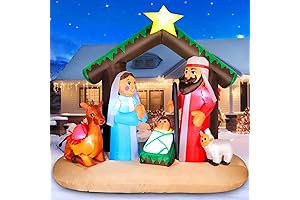 6FT Christmas Inflatable Nativity Scene with Baby Jesus, Parents, Donkey, Sheep, Star,...