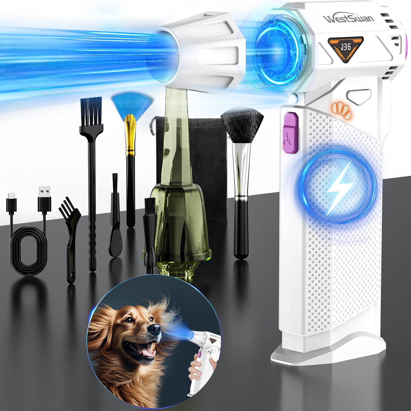 Compressed Air Duster, 210000RPM Mini Electric Air Duster Equipped with Continuously Variable Speed, Powerful 8000mAh Leaf Blower with Vacuuming Unit