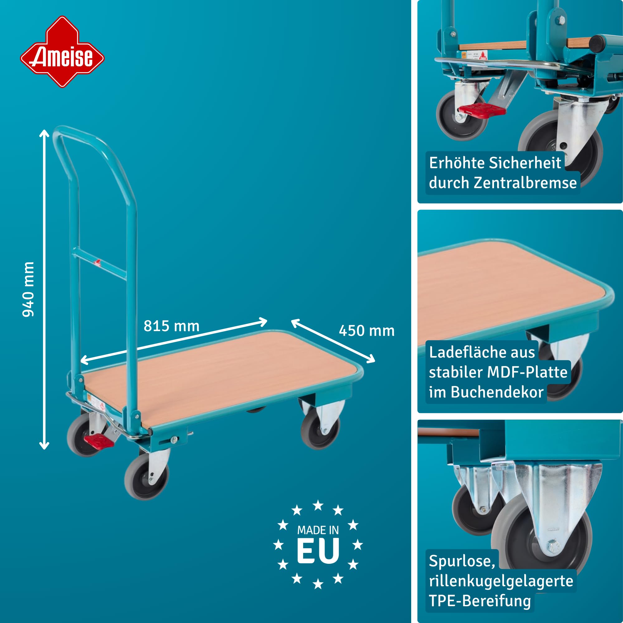 Ameise Transportwagen | 150 kg Tragkraft | HxBxT 94 x 45 x 81,5 cm | 4 TPE-Rollen mit Zentralbremse | stabiles Stahlgestell | stoß- und kratzfester Plattformwagen | klappbarer Schiebebügel