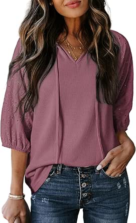 Dokotoo Women Blouses Dressy Casual Embroidered 3/4 Length Sleeve Womens Tops Tassel Tie V Neck Waffle Knit Shirts
